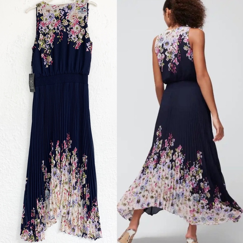 White House Black Market Navy Floral Smocked Pleated Midi Dress Sz 6 - Picture 2 of 16